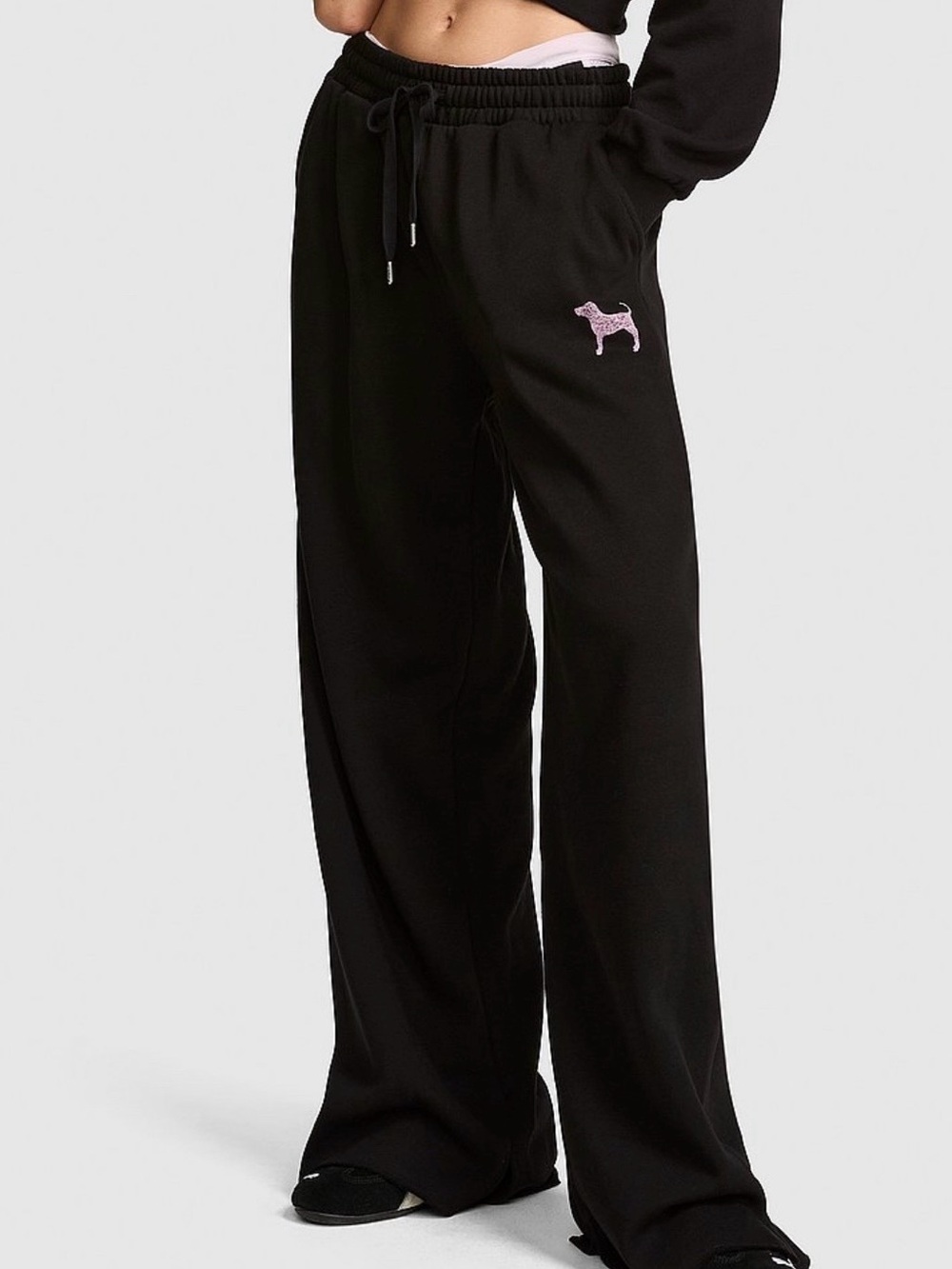 VS PINK LOGO CAMPUS FLEECE WIDE LEG SPLIT HEM SWEATPANTS PURE BLACK XS - Picture 2 of 3